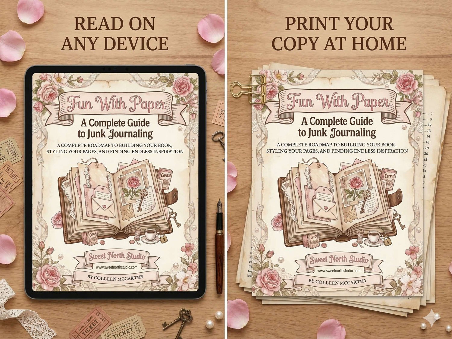 Side-by-side view showing the "Fun With Paper" guide displayed on a digital tablet and printed on paper at home.
