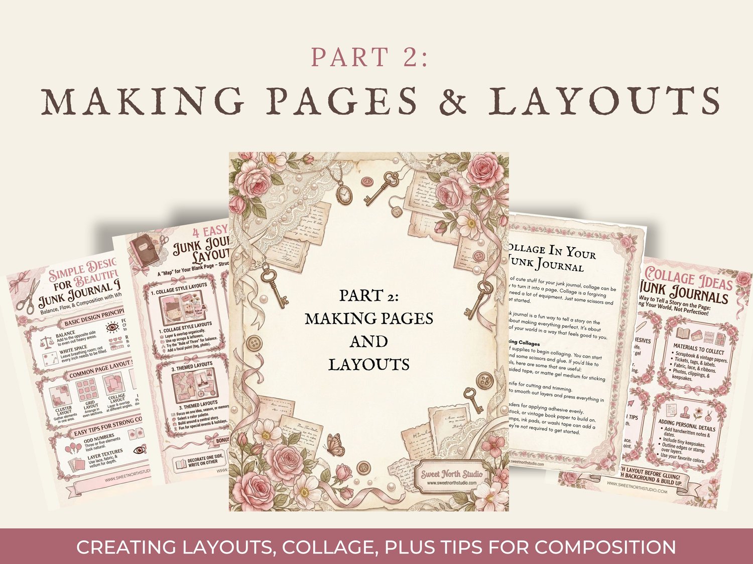 Preview of "Part 2: Making Pages & Layouts" showing collage ideas, layout tips, and page composition guidelines.