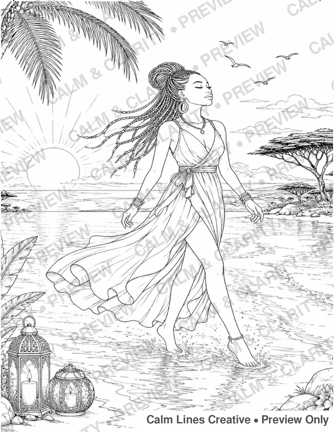 Preview page from Calm & Clarity coloring book, African woman walking along a sunset beach, line art with watermark