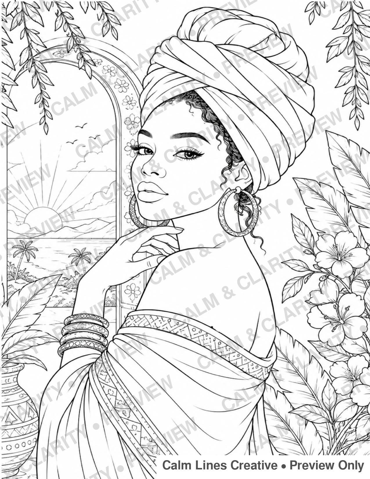 Preview page from Calm & Clarity coloring book, African woman portrait with headwrap by an archway, line art with watermark