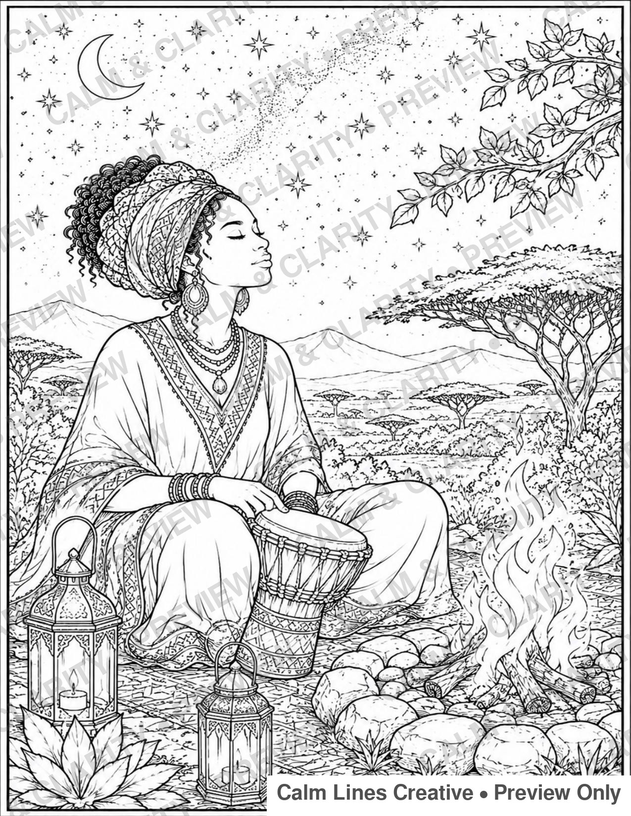 Preview page from Calm & Clarity coloring book, African woman playing djembe drum by a campfire under starry sky, line art with watermark