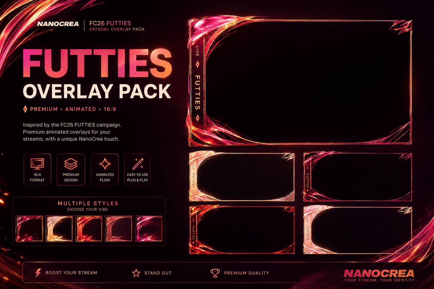 FC26 FUTTIES Stream Overlay Pack cover featuring a pink, orange and gold 4K camera frame for OBS by NanoCrea