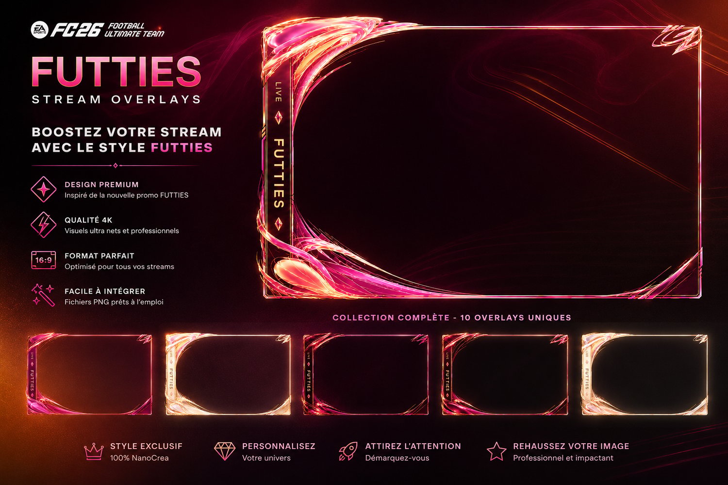 FC26 FUTTIES Stream Overlay Pack cover featuring a pink, orange and gold 4K camera frame for OBS by NanoCrea