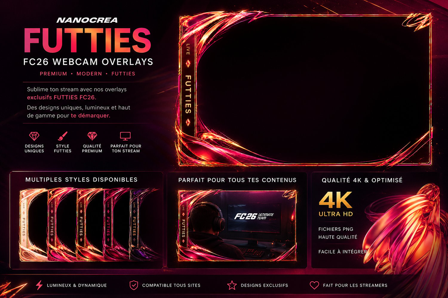 FC26 FUTTIES Stream Overlay Pack cover featuring a pink, orange and gold 4K camera frame for OBS by NanoCrea