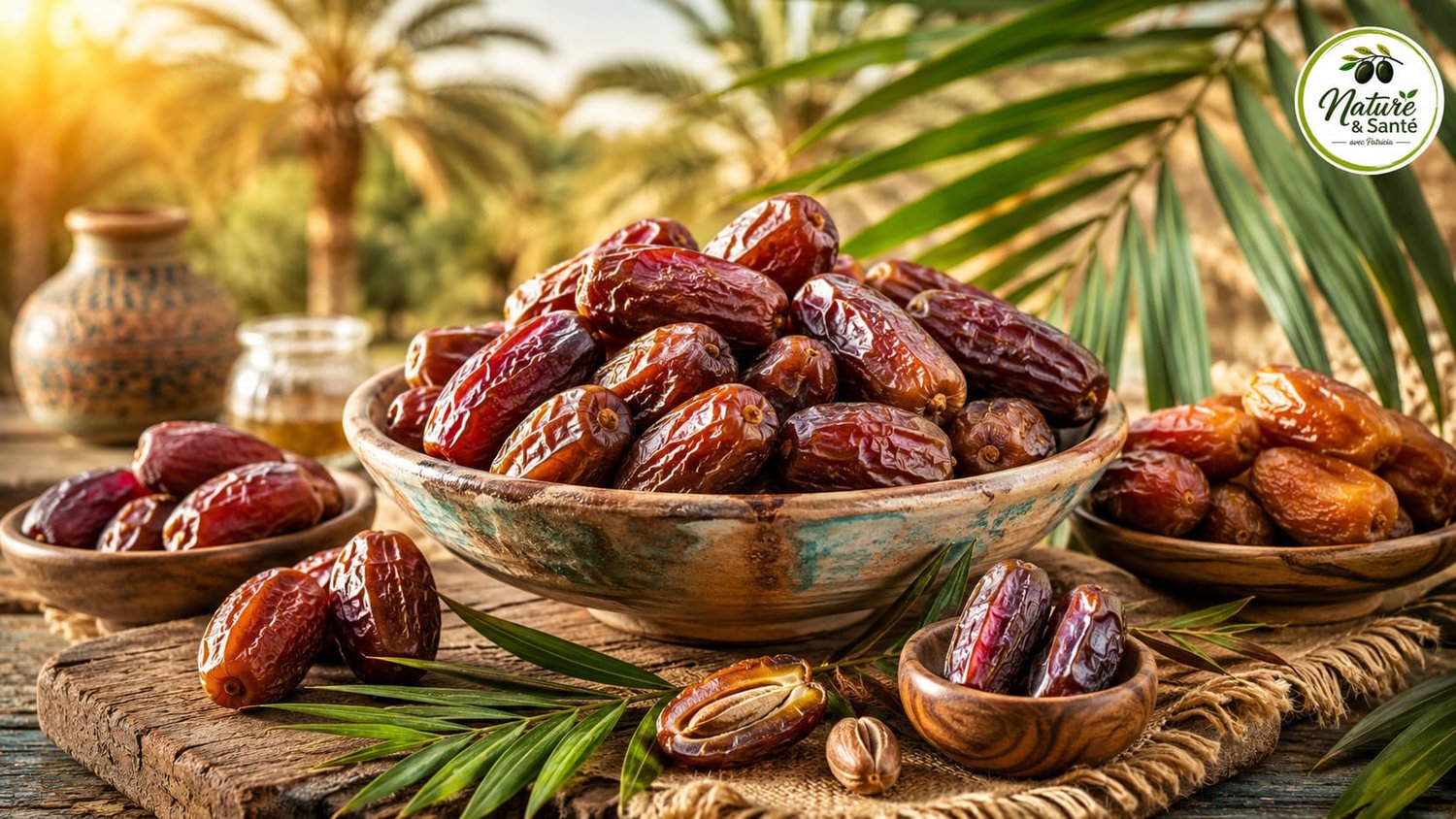 Plusieurs variétés de dattes présentées dans un grand bol en céramique au cœur d'une oasis ensoleillée, illustrant les bienfaits des dattes pour la santé, l'énergie naturelle et une alimentation équilibrée.