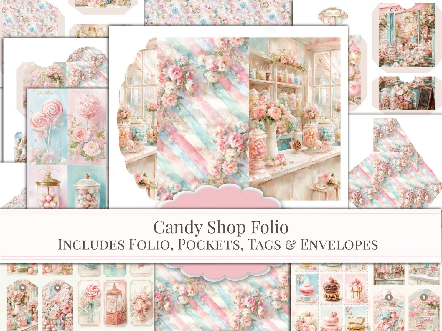 Main cover preview for the "Candy Shop Folio" printable junk journal kit including folio base, pockets, tags, and envelopes.