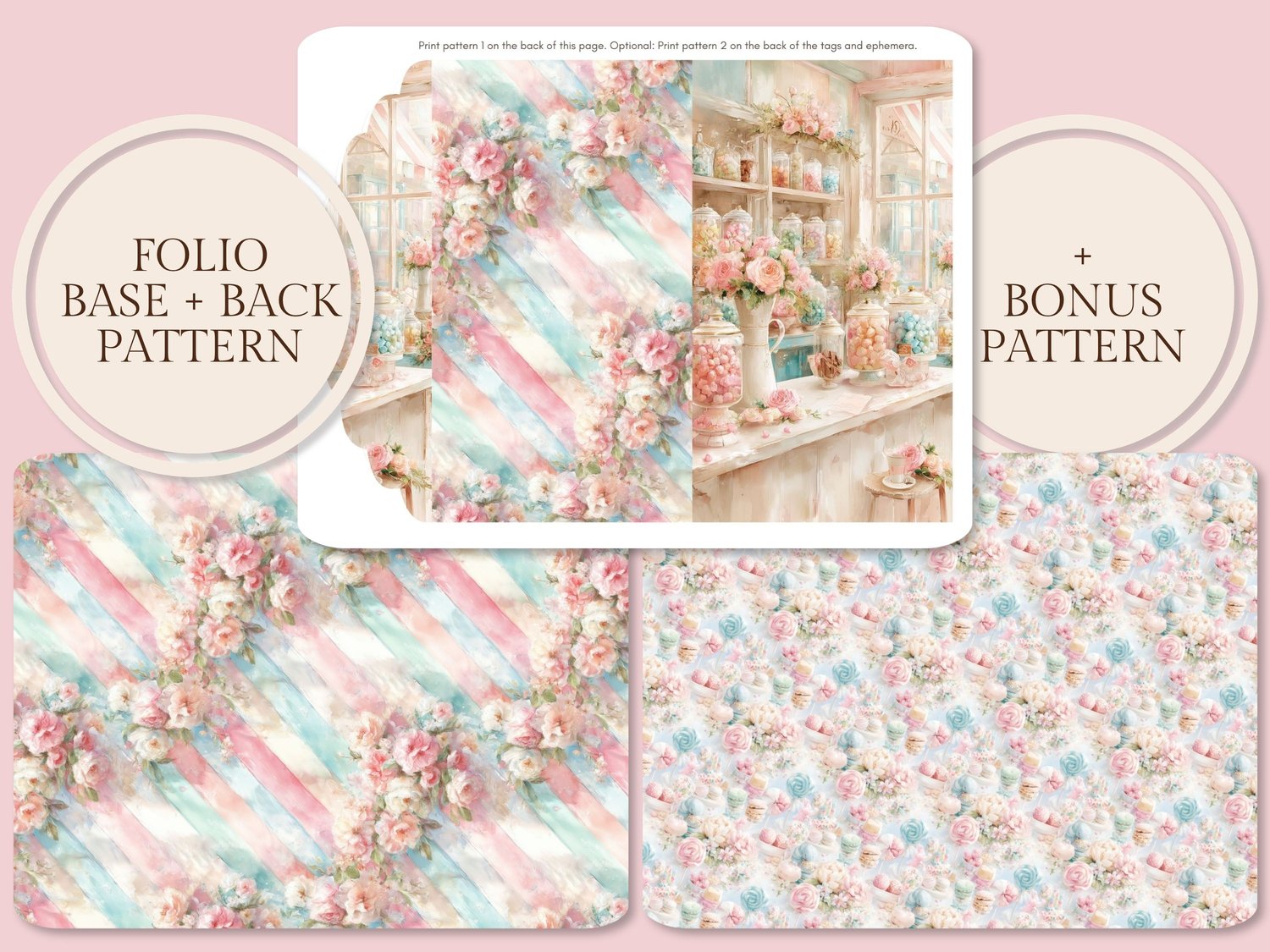 Preview of the Candy Shop folio base, back pattern design, and bonus floral candy pattern page.
