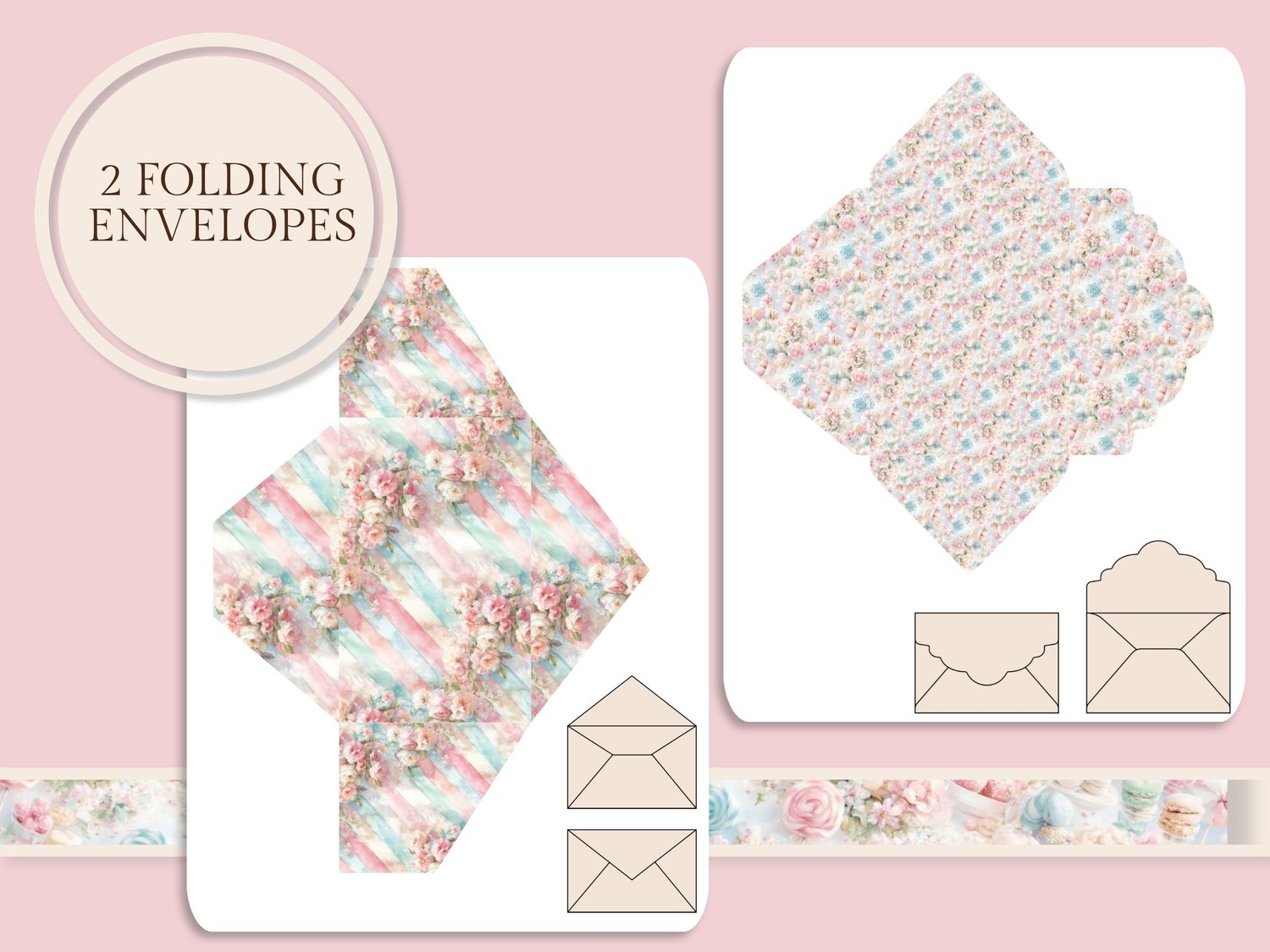 Printable templates for 2 folding envelopes with pastel candy stripes and floral patterns.