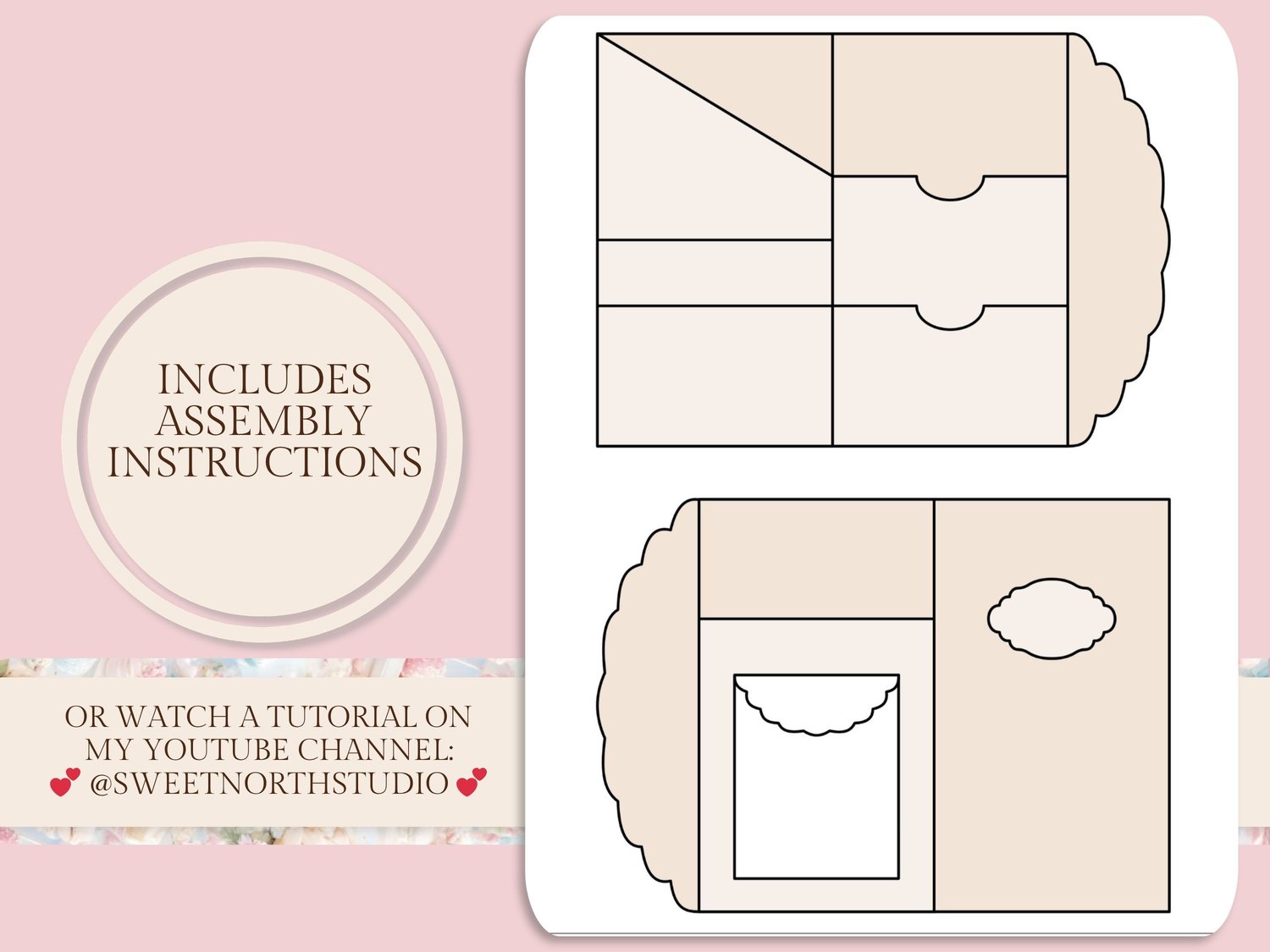 Folio assembly instruction diagram showing fold lines and construction steps, with a note to watch the YouTube video tutorial.