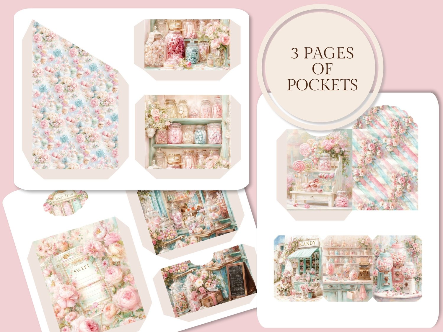 Preview of 3 printable pocket pages decorated with pastel candy jars, sweet shops, and floral motifs.