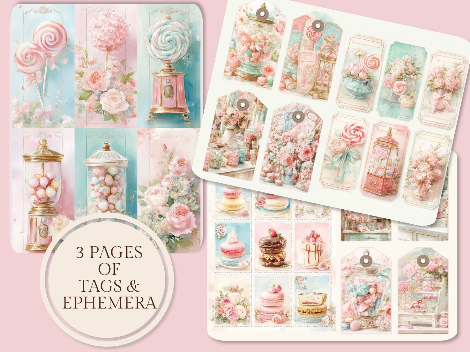 Preview of 3 pages of pastel candy shop ephemera, including printable tags, lollipops, candy jars, and vintage sweet treat illustrations.