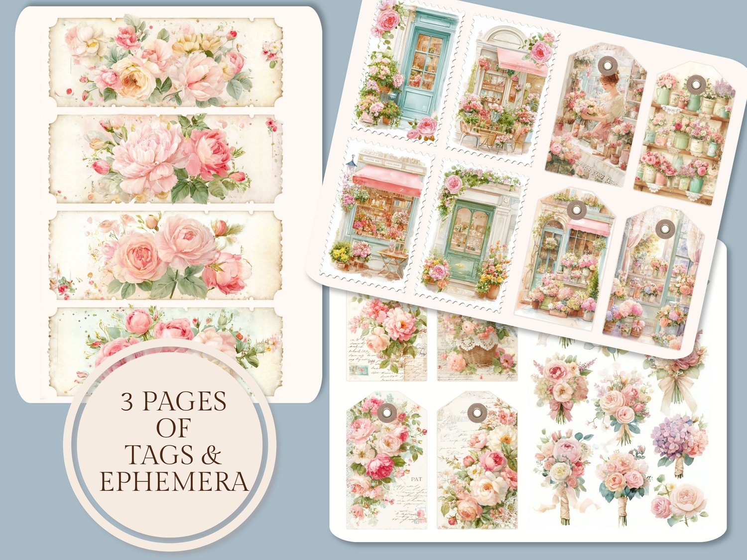 Preview of 3 pages of floral ephemera, featuring printable tags, rose bouquet cards, and storefront illustrations.
