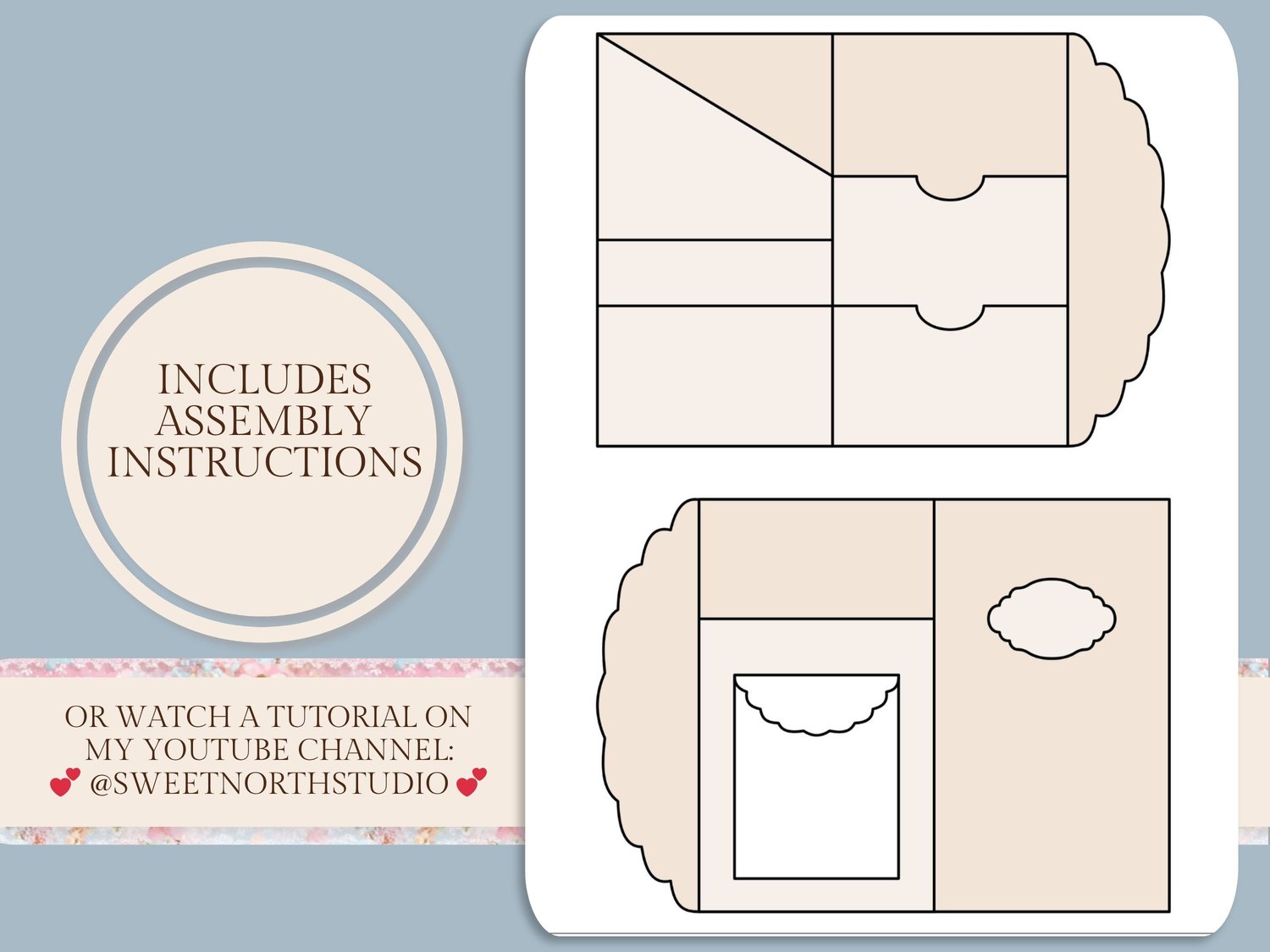 Folio assembly instruction diagram showing fold lines and construction steps, with a note to watch the YouTube video tutorial.