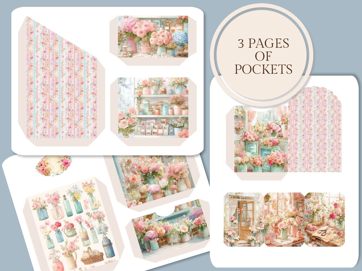 Preview of 3 printable pocket pages decorated with vintage flower shop, potted plant, and floral bouquet illustrations.