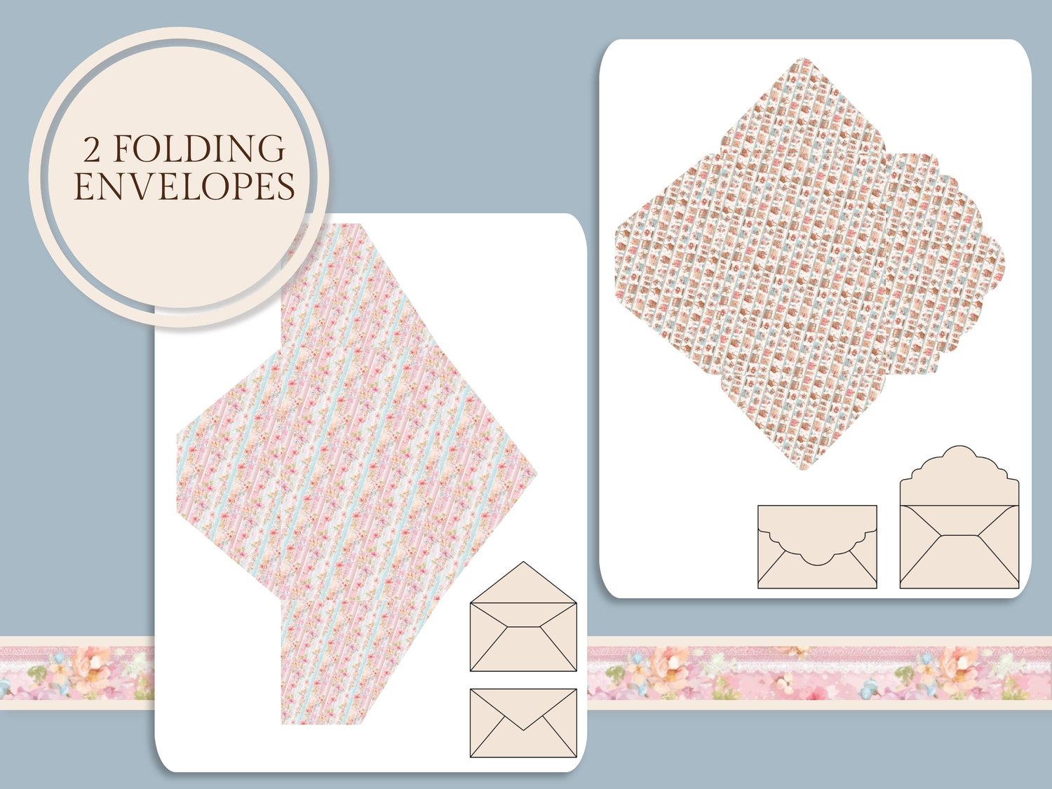 Printable templates for 2 folding envelopes styled with soft pink floral patterns.