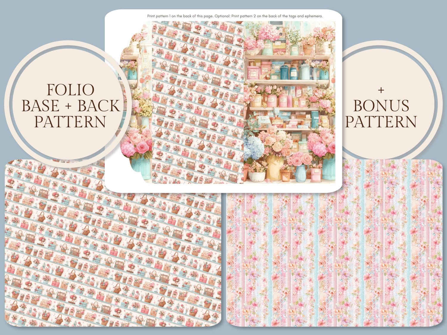 Preview of the Flower Shop folio base, back pattern design, and bonus pink floral stripe pattern page.