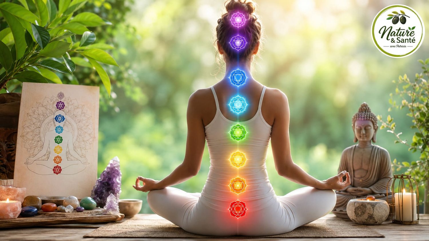 Les sept chakras représentés le long de la colonne vertébrale d'une personne en méditation, illustrant les centres énergétiques selon les traditions du yoga et de l'ayurveda.