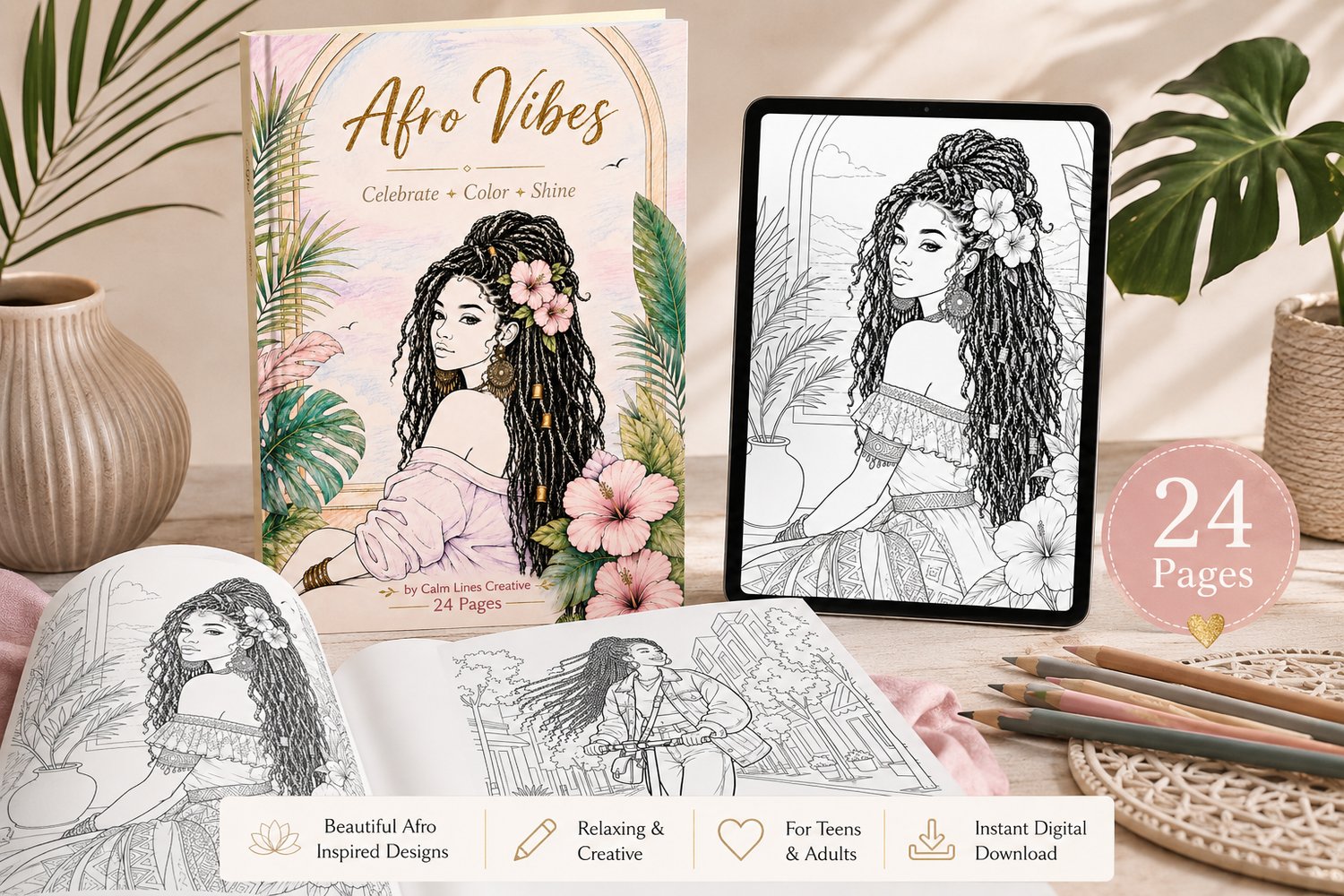 Afro Vibes adult coloring book mockup showing printed pages, tablet, and colored pencils with hibiscus flowers