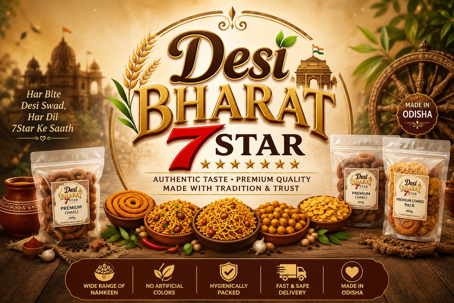Desi Bharat 7 Star - Premium Indian Namkeen, Chakli, Mixture, Snacks and Traditional Indian Food Products. Fresh, Hygienically Packed and Made in Odisha.