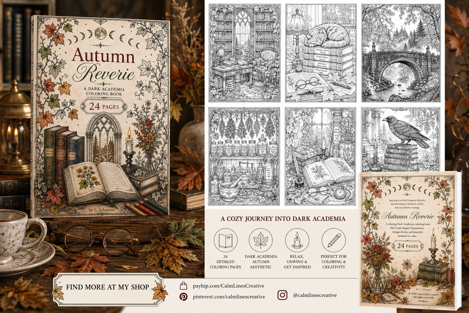 Autumn Reverie dark academia coloring book preview, 24 pages featuring gothic libraries, raven, cozy autumn scenes