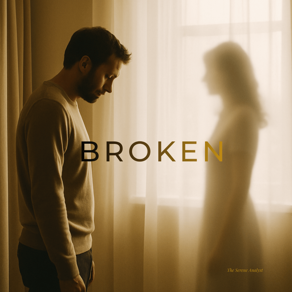 Man standing pensively by a sunlit window with a faded silhouette of a woman behind sheer curtains, 'Broken' text overlay, symbolizing grief and quiet heartbreak — The Serene Analyst
