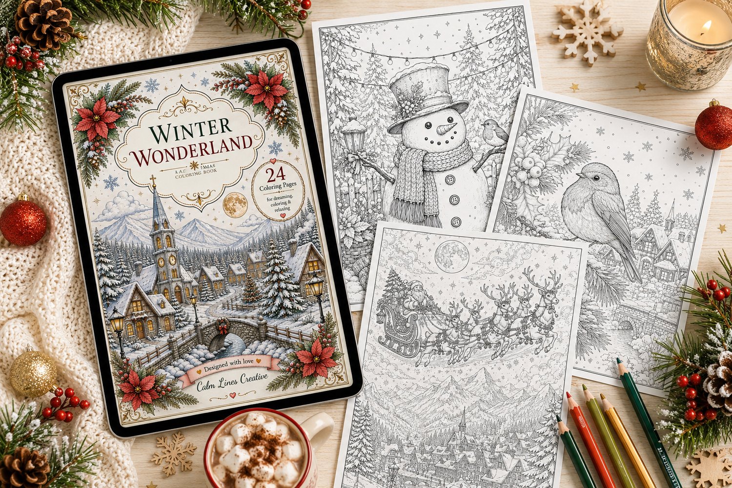 Winter Wonderland adult coloring book mockup on tablet with colored pencils, snowman and robin coloring pages