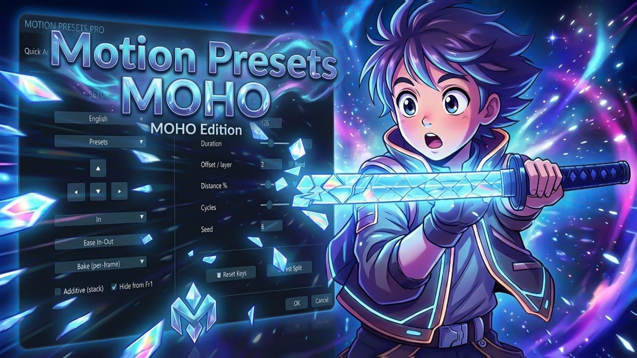 Motion Presets is a collection of 45+ ready-to-use animation presets for Moho, designed to help you create smooth, professional motion in seconds. Simply select your layers, choose a preset, and apply it with a single click.