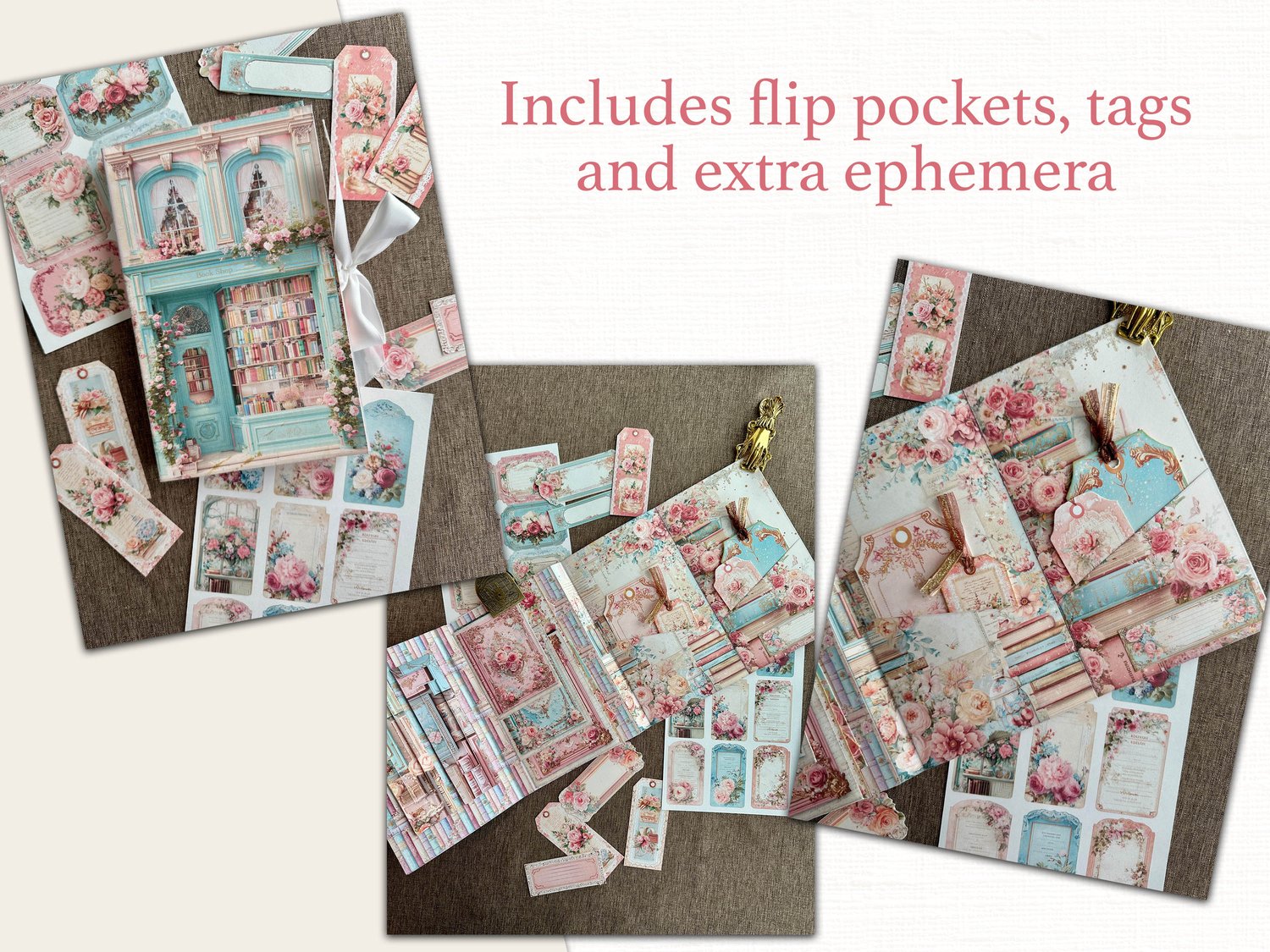 Flat lay photo showing the assembled Magical Bookshop folding folio with inserted flip pockets, tags, and ribbon trim.