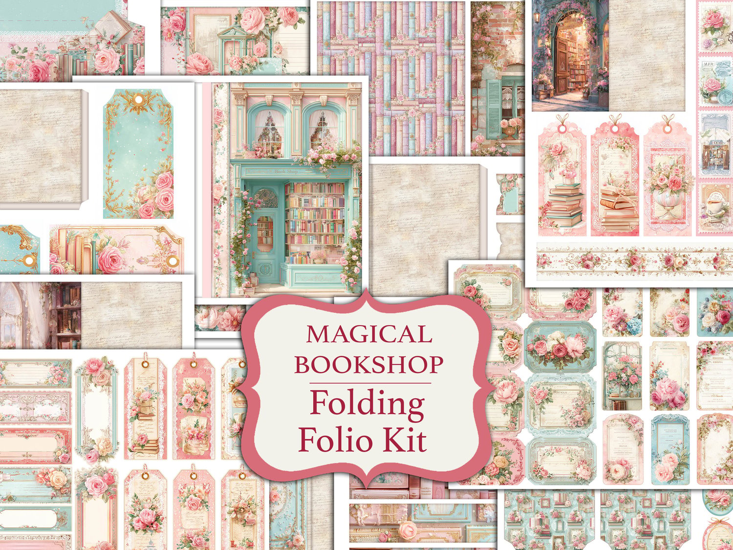 Main cover preview for the "Magical Bookshop Folding Folio Kit" printable junk journal project with matching ephemera.