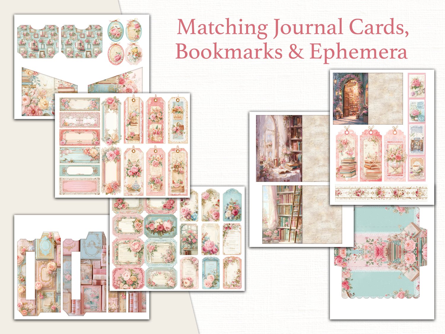 Preview of matching journal cards, bookmarks, tags, and pocket ephemera in a magical bookshop theme.