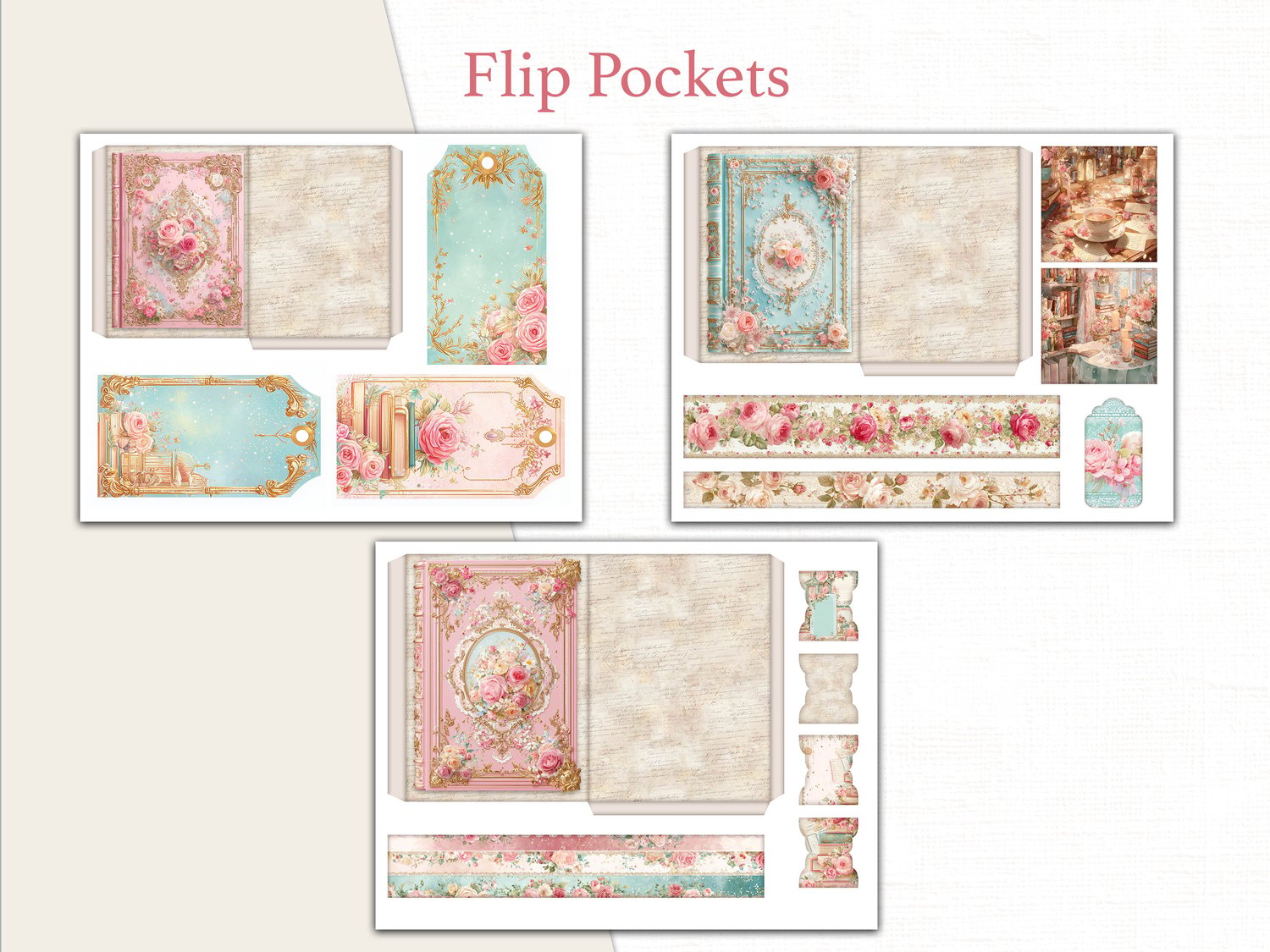 Printable flip pocket templates decorated with vintage roses, bookshop storefronts, and floral patterns.