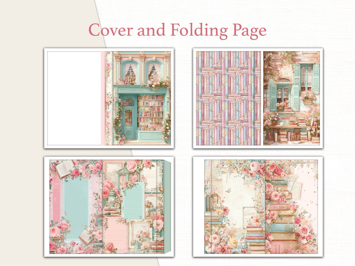 Preview of printable cover designs and folding pages featuring whimsical floral bookstore illustrations and stack of books art.