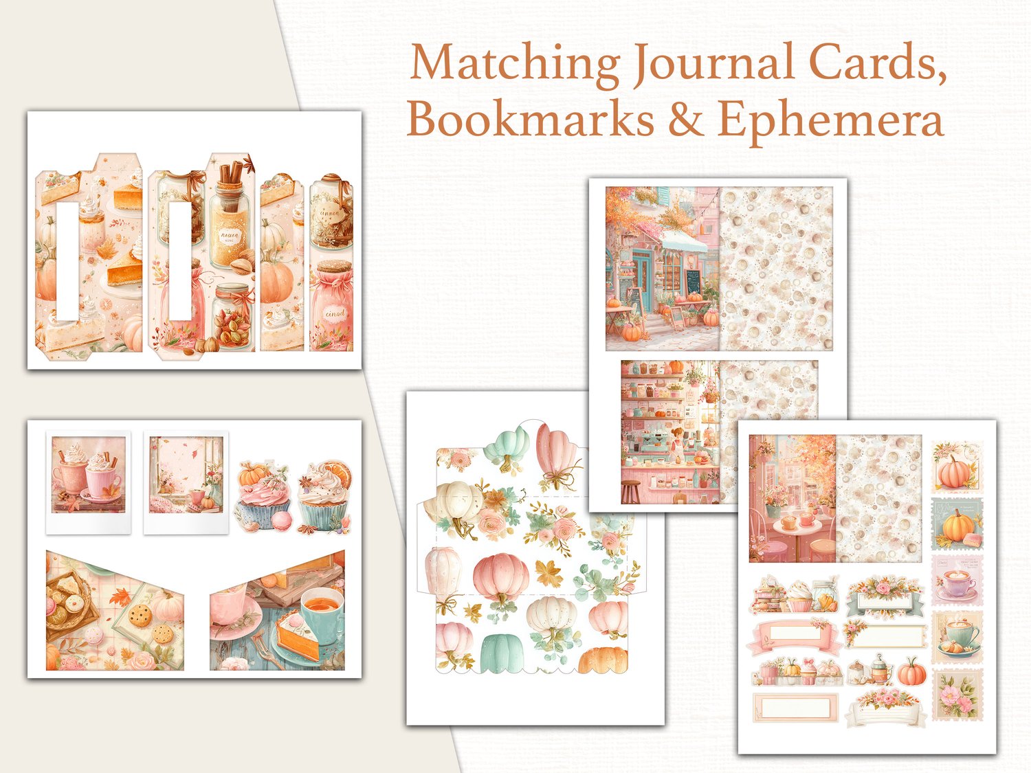 Preview of matching autumn journaling cards, bookmarks, tags, and pocket templates in a pumpkin spice theme.