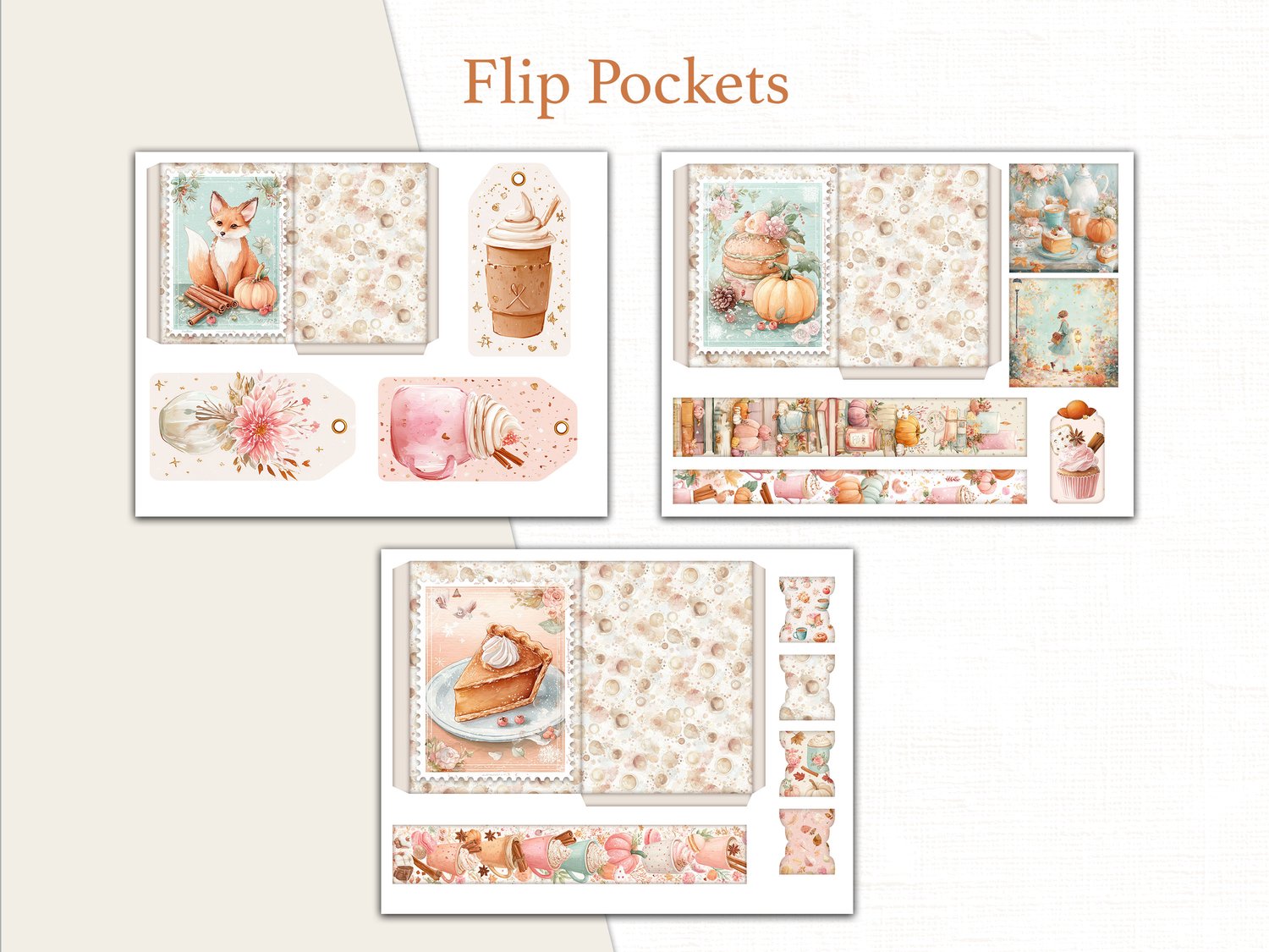 Printable fall flip pockets and belly bands styled with pumpkin spice latte art, foxes, and cozy autumn patterns.