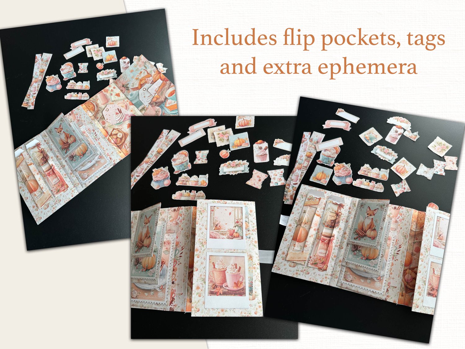 Flat lay view of the assembled Pumpkin Spice folding folio showing flip pockets, tags, and ribbon closures.