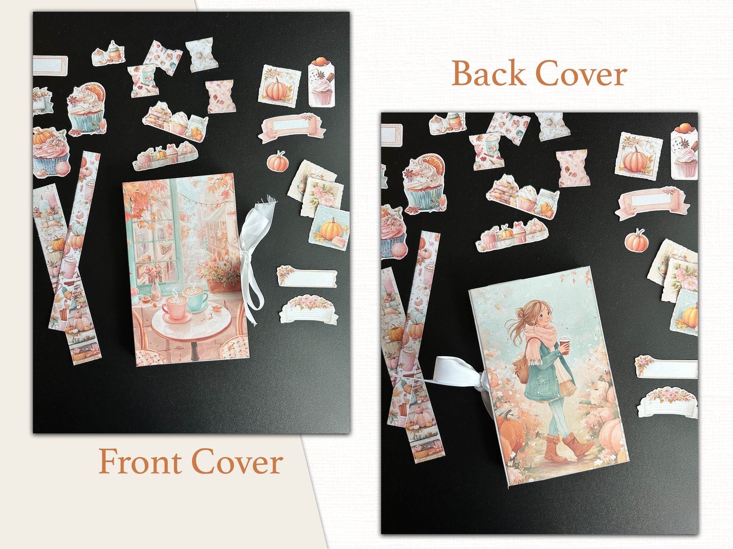 Flat lay display of the printed and assembled front and back covers surrounded by cut-out fall ephemera pieces.