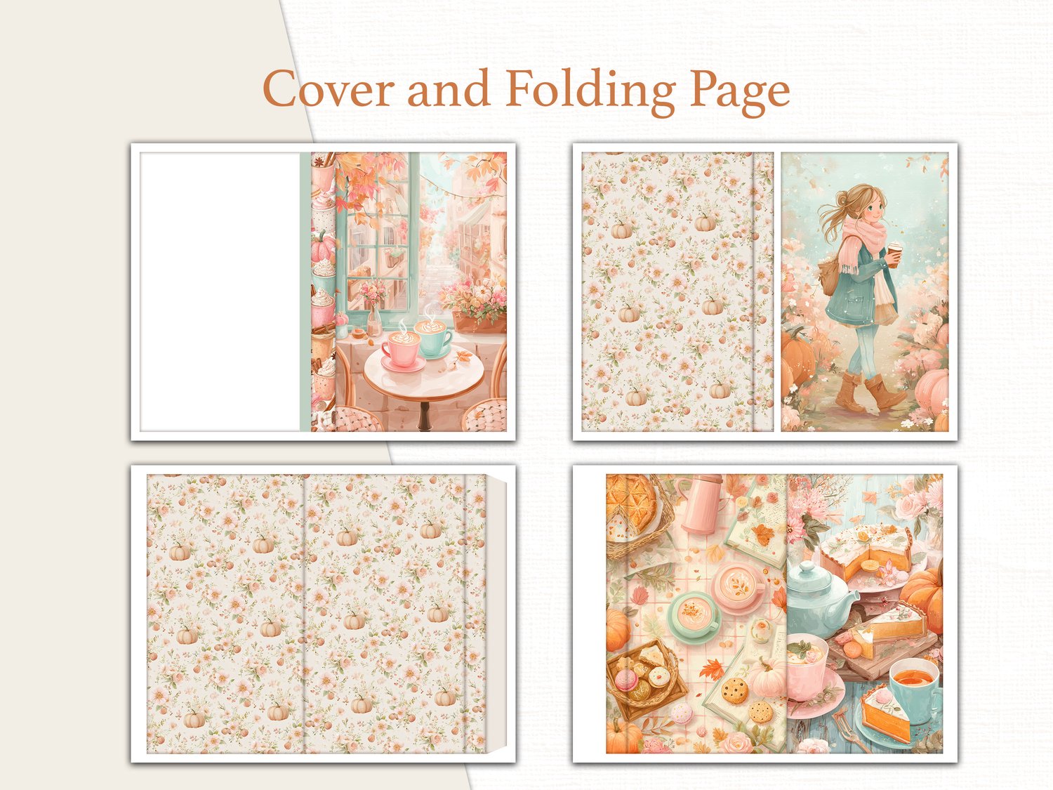 Preview of printable cover and folding pages decorated with pumpkins, autumn foliage, and cozy autumn treats.