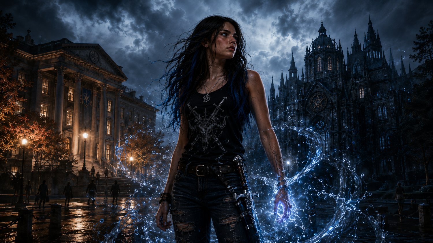 Cinematic fantasy banner showing Kaija Jokiharju standing between two worlds: a warm, prestigious university campus on one side and a cold gothic magical institution on the other. Kaija has long dark brown hair with blue highlights and wears distressed je