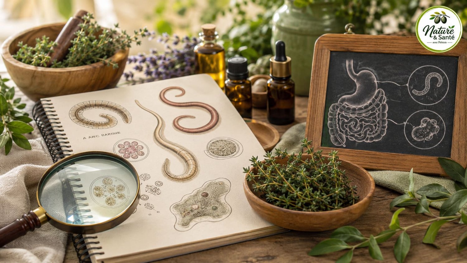 Illustration de couverture représentant les principaux parasites intestinaux (oxyures, ascaris et amibe) avec une ambiance de prévention santé naturelle.