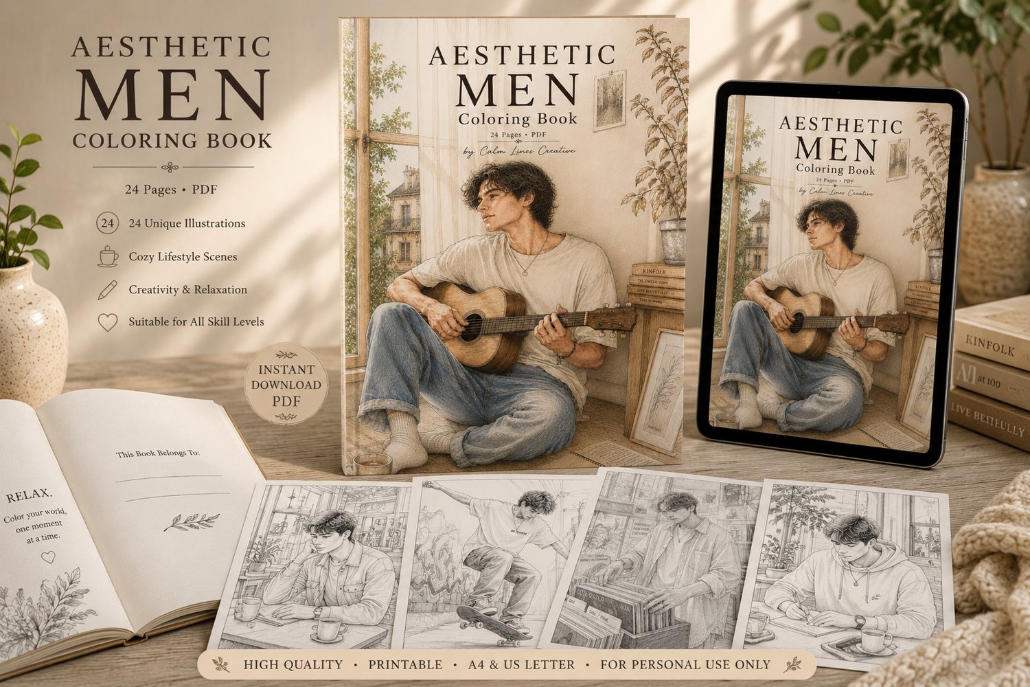 Aesthetic Men coloring book mockup on tablet showing cover and sample pages