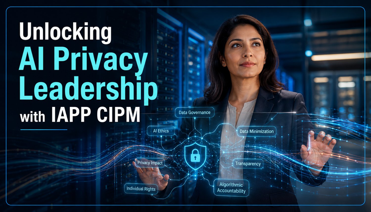 An adult woman in a modern data center manages holographic data streams and privacy policy nodes. The image highlights leadership in AI privacy and governance, reflecting the IAPP CIPM certification.