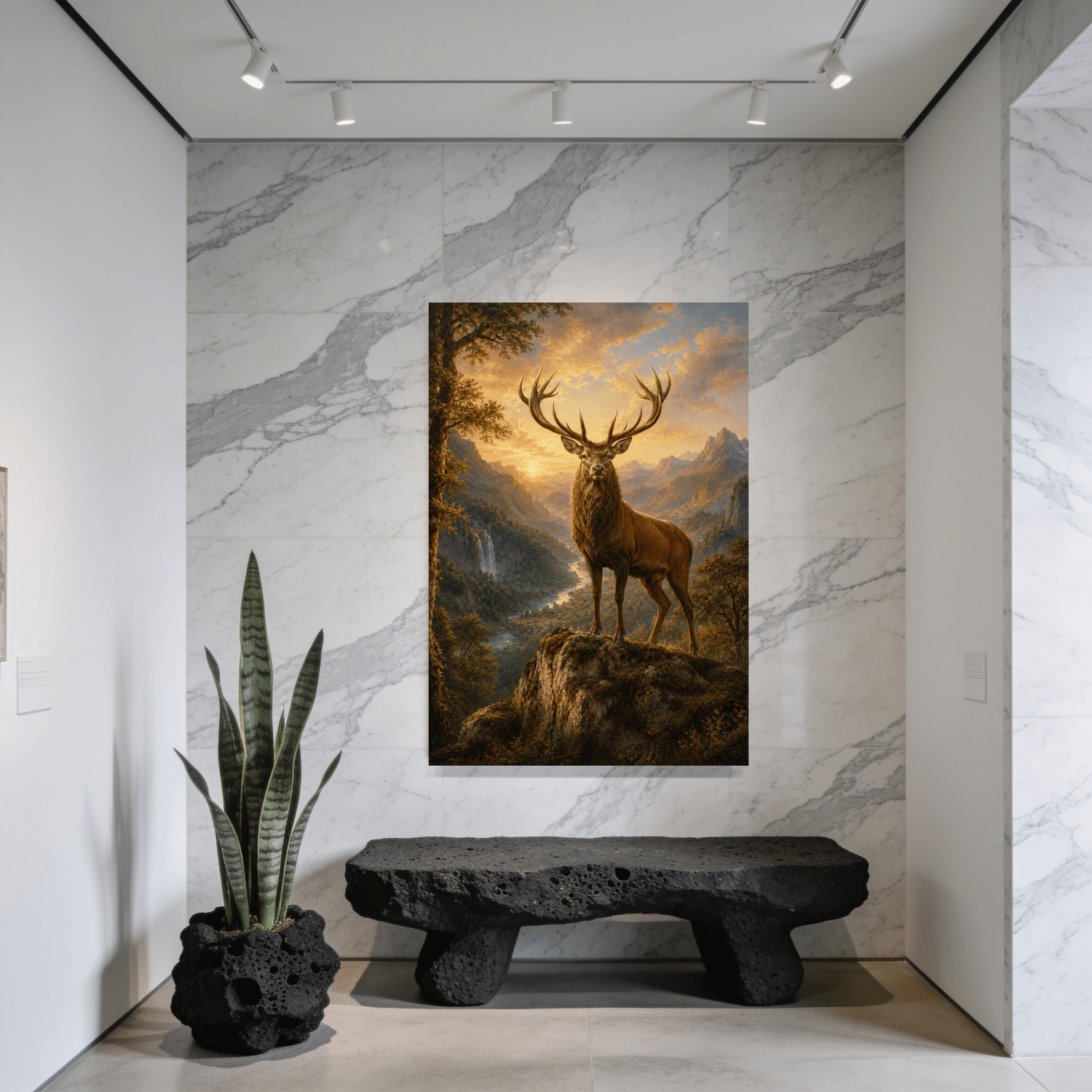 Majestic red stag standing on a moss-covered rock overlooking a peaceful mountain valley at sunrise, printable wildlife landscape wall art.