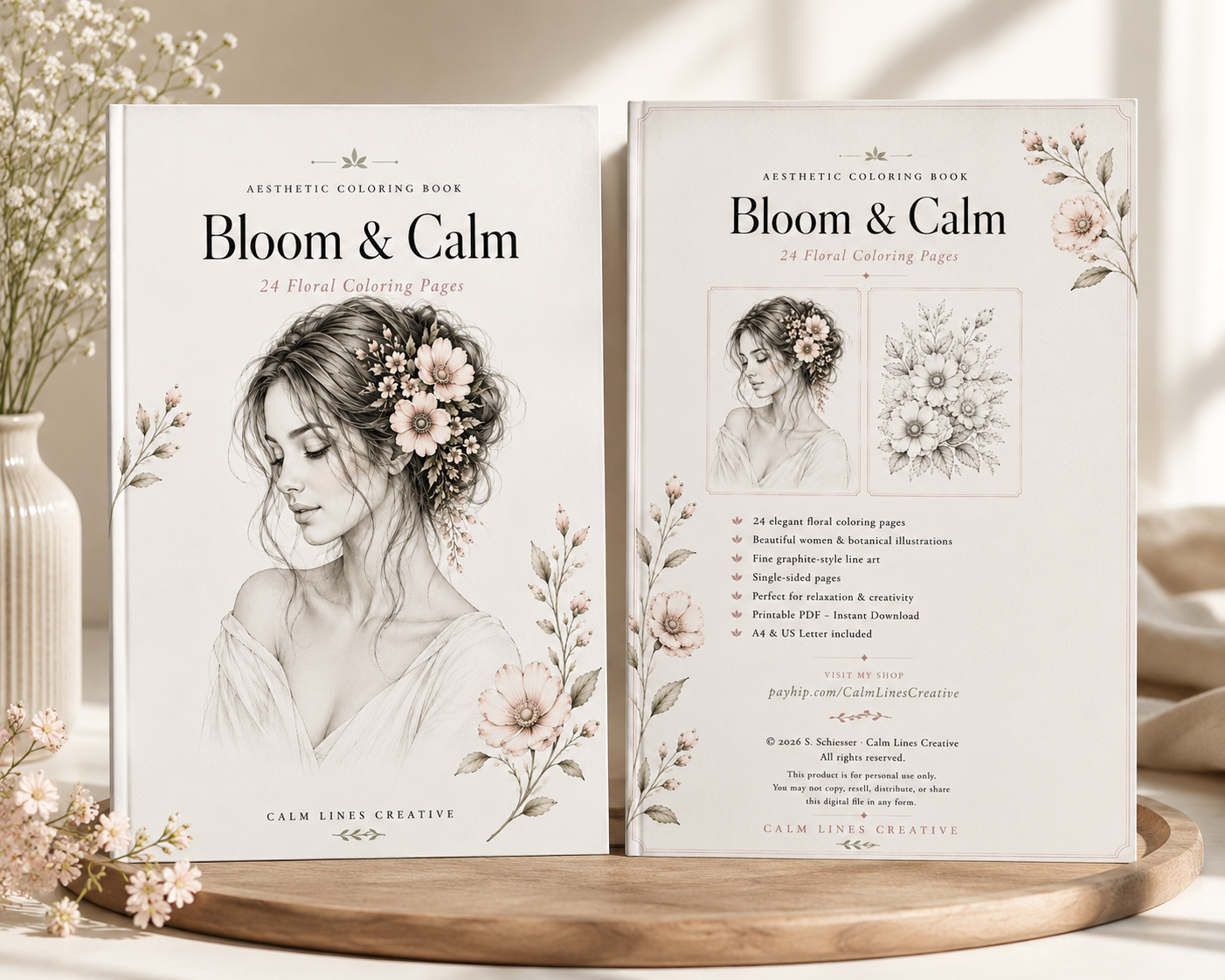 Bloom & Calm printable floral coloring book mockup featuring the front and back cover with elegant women, botanical illustrations, and 24 graphite-style coloring pages.