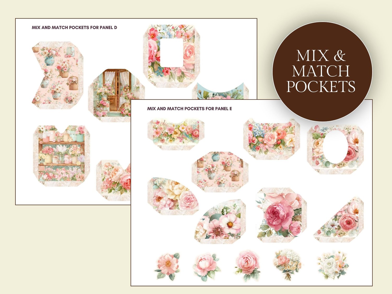 Preview of mix-and-match mini pocket templates decorated with vintage roses and flowers.