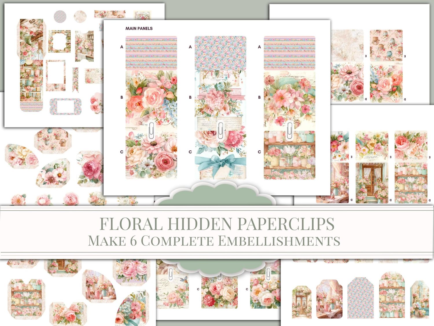 Main cover preview for "Floral Hidden Paperclips" printable junk journal kit to make 6 complete embellishments.