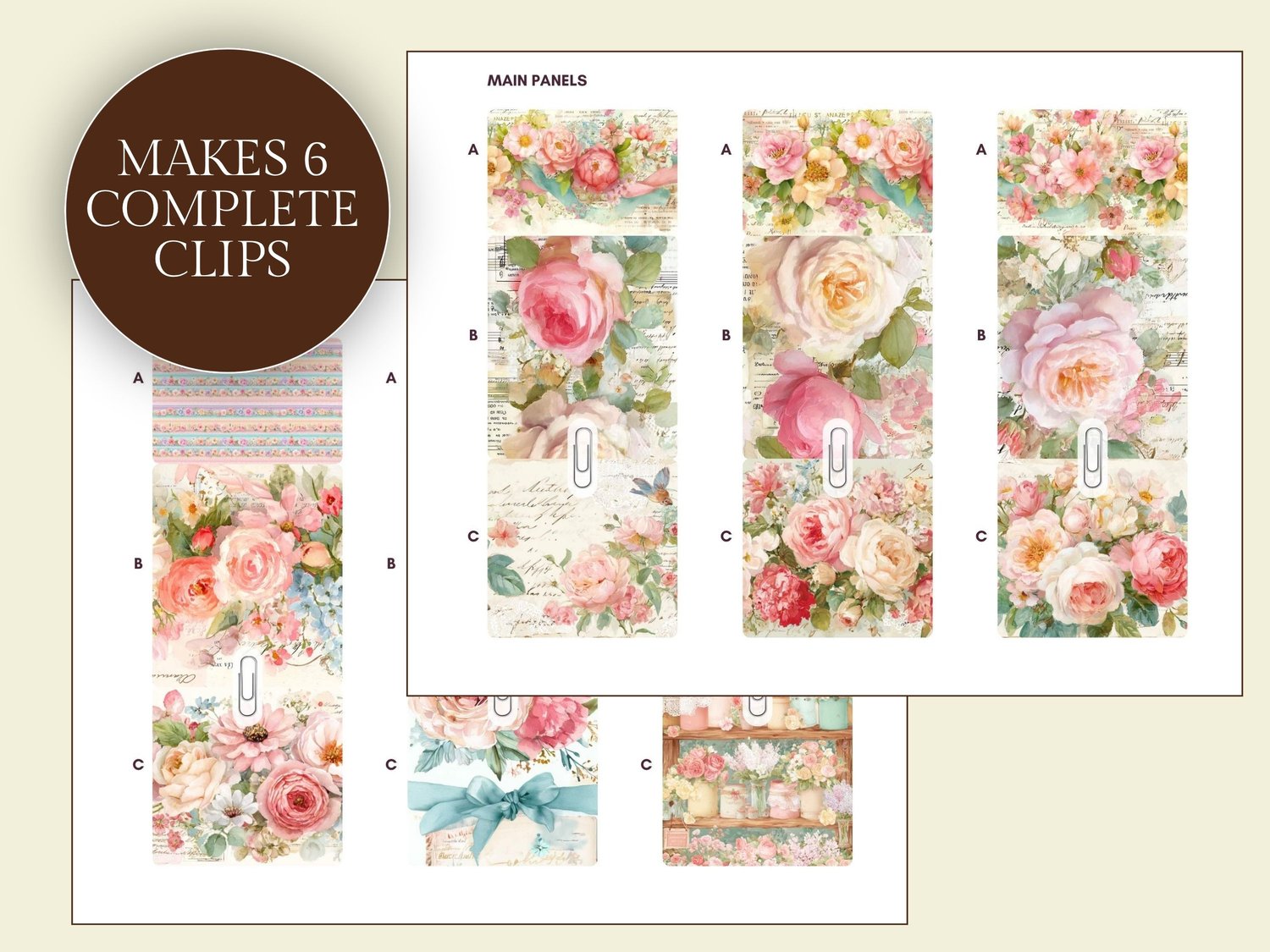 Preview of main printable panels designed to construct 6 floral hidden paperclips.