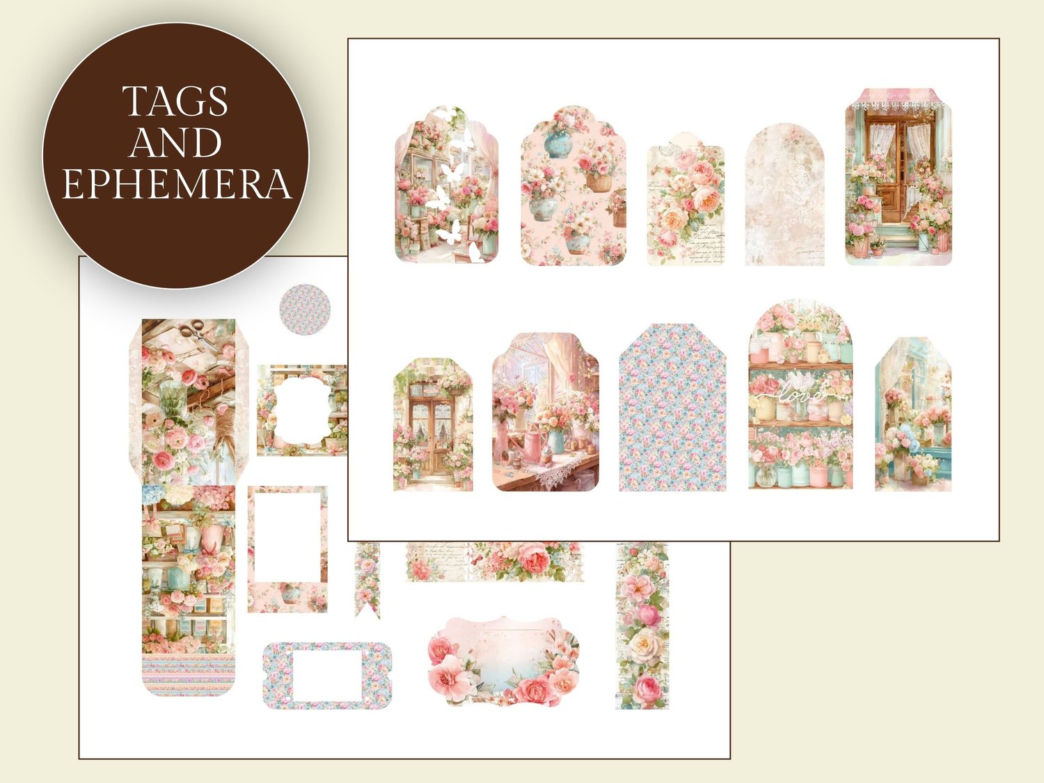 Preview of printable floral tags, frames, label strips, and bookshop ephemera pieces.