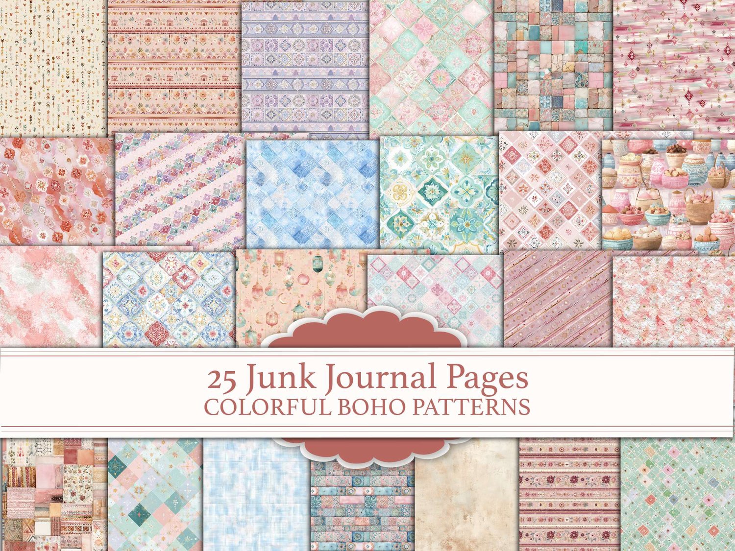Main cover preview showing 25 junk journal pages featuring colorful boho patterns and bohemian paper textures.