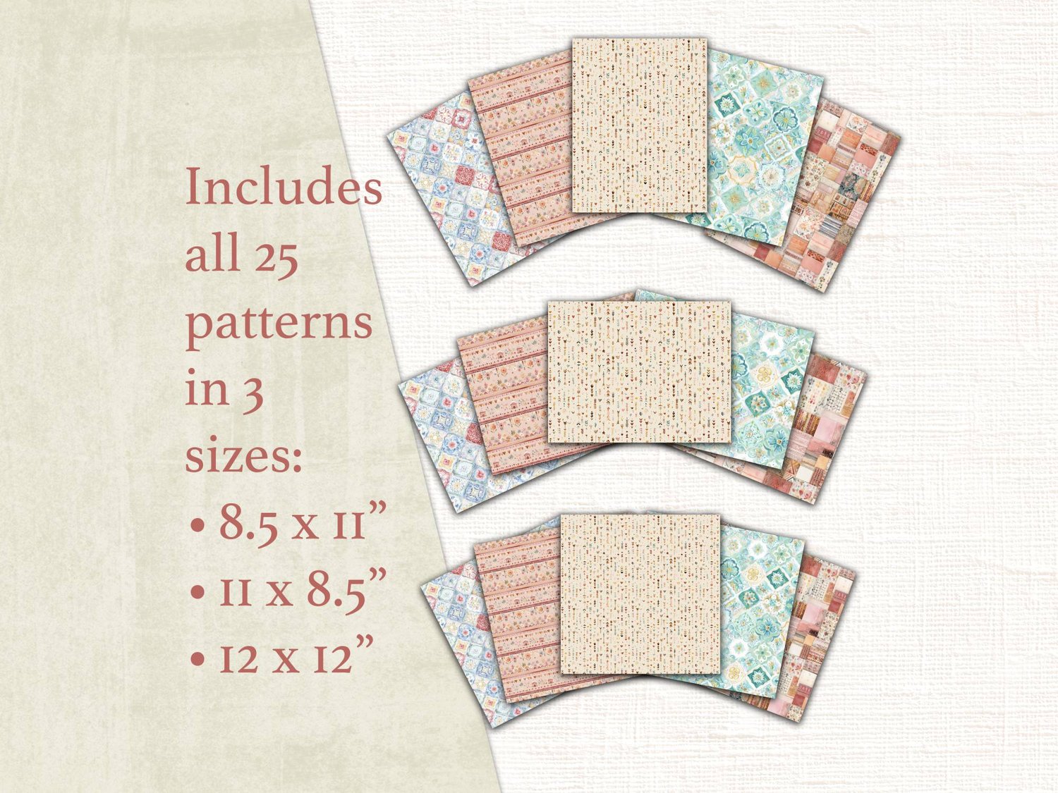 Size options preview showing 25 boho patterns available in 8.5x11 inch portrait, 11x8.5 inch landscape, and 12x12 inch square formats.