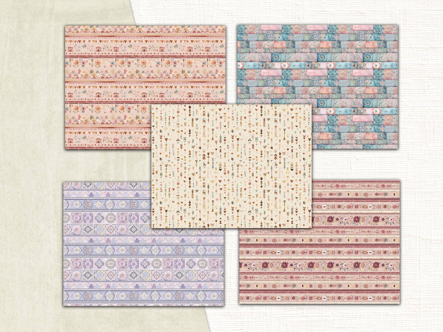 Preview of five bohemian paper patterns in warm pink, terracotta, and neutral geometric designs.